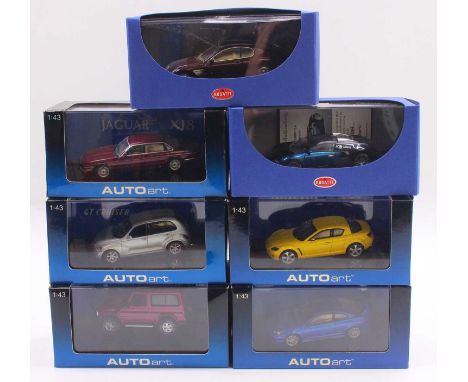 Auto Art 1/43 scale group of 7 diecast cars to include a Mercedes G Wagon in purple, a Honda Integra Type R in blue, a Jaguar