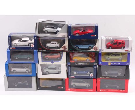 A tray containing 18 automobile company promotional 1/43 scale diecast cars to include a Vauxhall Insignia in silver, a Ford 
