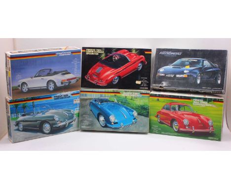 A collection of six various boxed Fujimi 1/24 scale plastic car kits to include a Porsche 356 B/C 2000 GS Carrera, a Porsche 
