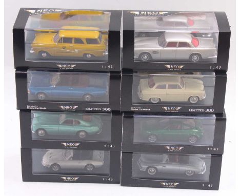 Neo 1/43 scale group of 8 diecast cars to include a Lagonda Rapide in silver, a Goliath GB700 in cream, a Rometsch Beeskow Ca