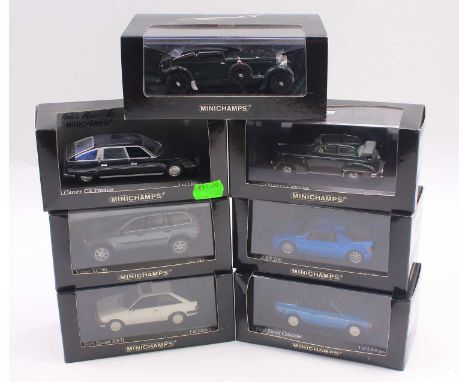 Minichamps 1/43 scale group of 7 diecast cars to include a Citroën CX Prestige 1979 in blue missing plastic box cover, a Volv