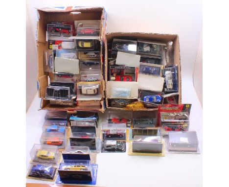 Two trays containing various bubble plastic and mail order 1/43 scale diecast cars, to include a Renault 6 from 1970 in beige