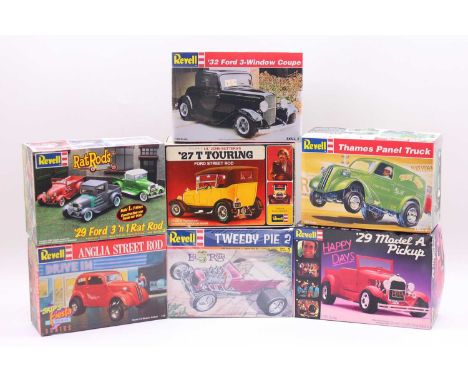 Seven boxed Street Rod, and Model A Pickups, to include a 3-in-1 1929 Rat Rod Ford plastic gift set, Revell Anglia Street Rod