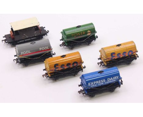 Six Hornby-Dublo tinplate wagons, slightly rarer than others: SR goods brake, noticeably marked (F); two Esso buff tanks (VG)