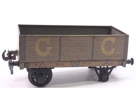 Bassett-Lowke Gauge 1, 5-plank open wagon, G C , mid grey with dull white letters, one axle/wheels missing. All couplings &am