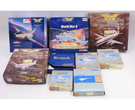 One box containing nine modern issue die-cast aircraft, to include a Corgi Mosquito FBVI, a Gemini Jets Hawker Siddeley, HS12