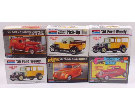 Six boxed Monogram 1/24 scale plastic vehicle kits to include 2x 1930 Ford Woody, a Rockin' Rods ZZ Top Eliminator, 1937 Ford