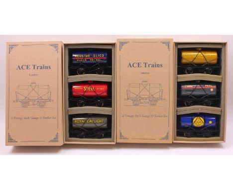 Two sets of 3 ACE Trains tank wagons: Set 5 comprising Redline Glico blue; Shell Motor Spirit red &amp; Royal Daylight grey: 