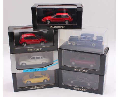 Minichamps 1/43 scale group of 7 diecast cars to include an Audi TT in cream, a BMW 502 V8 in white, a VW Cross Polo in red, 