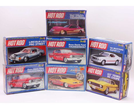 Seven boxed Revell Hot Rod 1/25 scale plastic car kits to include a Lincoln LSC Pro Street, a 1969 Mustang Super CJ, a Russ D