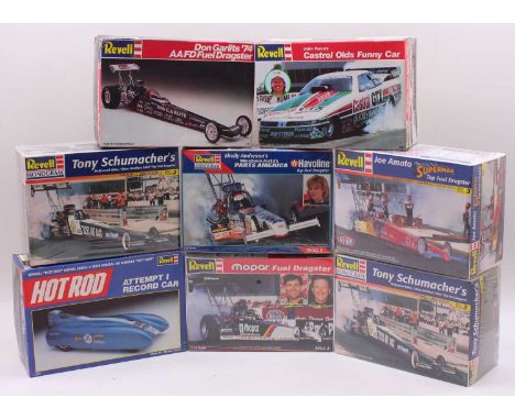 Eight boxed Revell 1/25 scale plastic top Fuel Dragster and Funny Car kits, to include Tony Schumacher's Blues Brothers 2000 