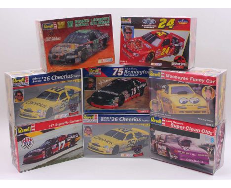 A collection of eight boxed Revell Nascar and Pro Stock plastic racing car kits, to include a Johnny Benson No. 26 Cheerios T