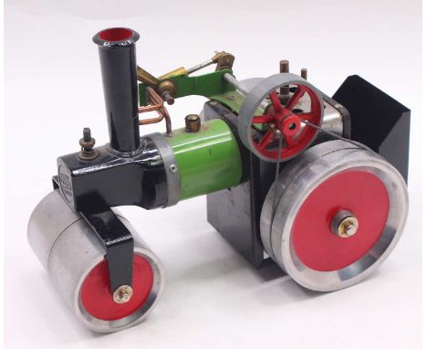 Mamod SR1A steam roller traction engine with fuel burner, and bunker, a loose example, wheels and roller have been replaced.