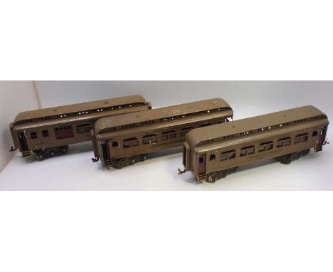 Three Lionel Gauge 1 bogie cars, New York Central: Parlour car with baggage area, observation car, and parlour car without ba