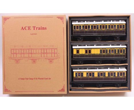 ACE Trains set of three 0-gauge 6-wheeled Clemenson style GWR coaches, brown &amp; cream comprising 1st/3rd; all/3rd &amp; br