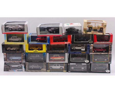 One tray containing various 1/43 scale diecast cars to include a Brumm Fiat 1100 in red, a Luxury diecast 1009 Cadillac Escal