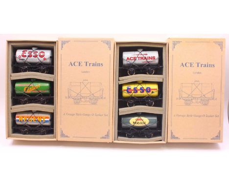 Two sets of 3 ACE Trains tank wagons: Set 1 comprising Esso yellow tank; Mobiloil Gargoyle grey; &amp; ACE Trains lubricating