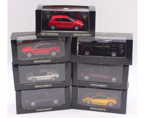 Minichamps 1/43 scale group of 7 cars to include a Lamborghini Bravo in white, a Mercedes Benz R class in maroon, a Lamborghi