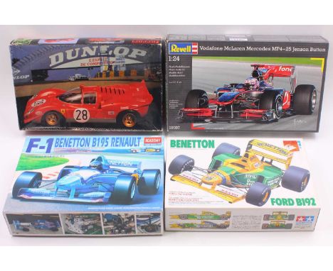 Tamiya/Revell 1/20 and 1/24 scale group of 4 plastic kits to include; Ferrari 512S, Benetton Ford B192, Benetton B195 Renault