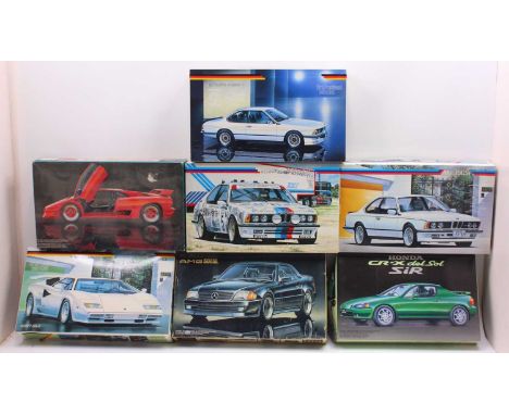 Seven boxed Fujimi 1/24 scale plastic kit car group to include a Contouche Special 5000 Enthusiast's Model Kit Mercedes Benz 