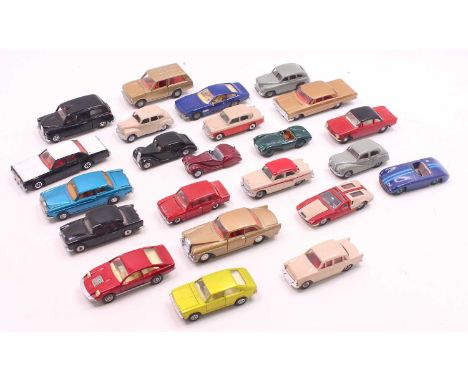 Two small trays containing a repainted loose and playworn Corgi and Dinky Toys diecast to include a Whizzwheels Morris Marina