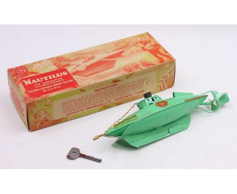 Sutcliffe Models ‘Nautilus’ clockwork submarine, green, complete with key &amp; rubber bung/periscope to cover keyhole. The m