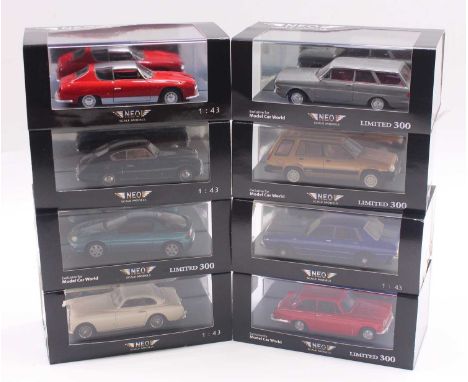 Neo 1/43 scale group of 8 cars to include a Lancia Flavia Sport Zagato, a Fiat 1100 ES Pininfarina 1950,a Datsun 200L Laurel 