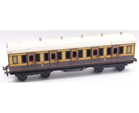 Bassett-Lowke Gauge 1 corridor coach LNWR all/1st brown &amp; cream No.1921. Glazing applied to one side – but broken. Paintw