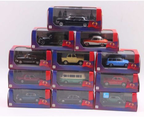 IST Models 1/43 scale group of 12 diecast cars to include a 1975 UAZ Jeep, a 1953 EMW 340 Combi, a Gaz Volga 3110, and others