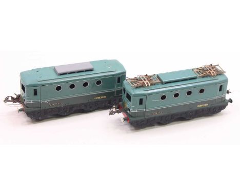 Two French Hornby Bo-Bo electric locos TBB 20v DC, BB 8051 two shades of blue. One is missing its two pantographs. The other 