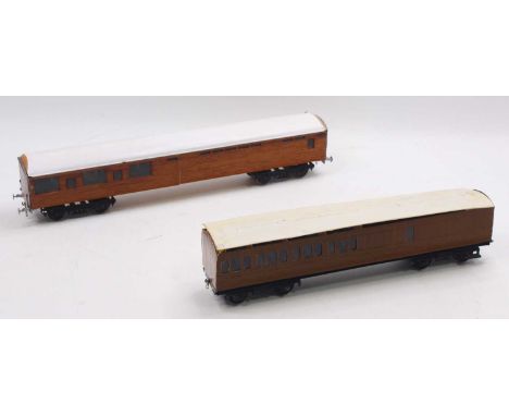 Two 0 gauge scratch-built LNER coaches to include a part complete semi-finescale brake end Gresley teak, with wood sides, no 