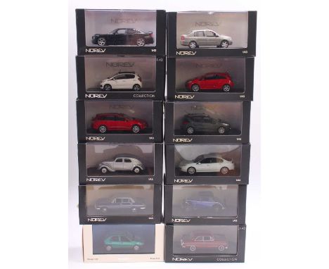 Norev 1/43 scale group of 12 diecast cars to include a Mazda 6 in red, a Peugeot 108 in white, a Dodge Charger SRT8 in black,