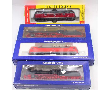 Four HO gauge Fleischmann locos to include a Digital BR 120, in DB red, a Digital BR17 in DB black, a Digital BR03, in DB bla