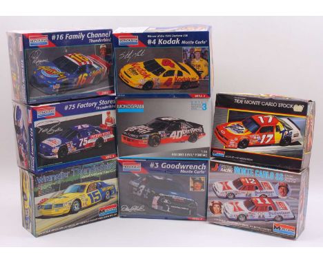 Eight various boxed Monogram 1/24 scale Pro-stock and Monte Carlo racing plastic kit group to include a No. 2448 Kodak Monte 