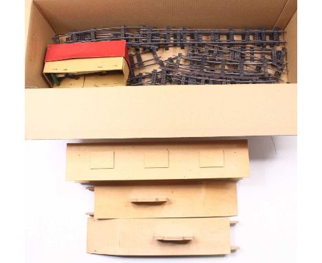 Box containing Hornby No.2 Double arm signal (E) (BG); three pieces plywood unpainted platforms with building making one plat