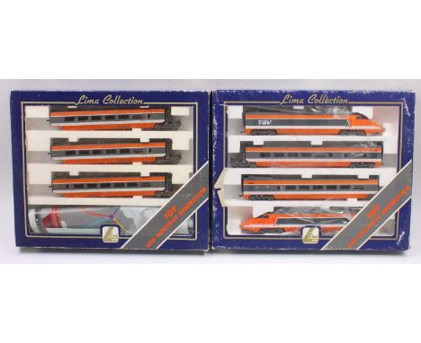 Two Lima HO gauge sets, to include a TGV four-car set, in orange and grey, together with a three-car extension pack, in the s