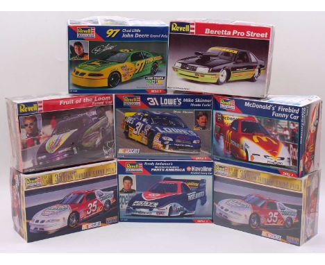 Eight various boxed Revell Monogram 1/24 scale plastic Funny Car and Prostock racing car kits, to include Fruit of the Loom F