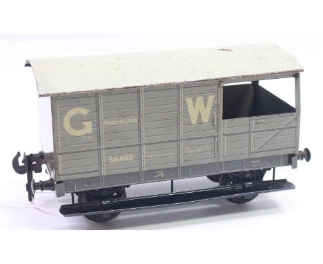 Bassett-Lowke Gauge 1 goods brake van, light grey with white roof &amp; letters ‘G W Paddington’. Chimney missing but all cou