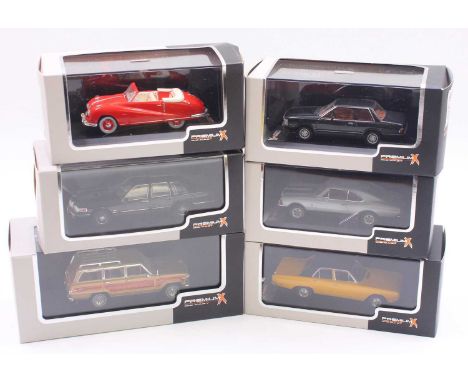 Premium X 1/43 diecast group of 6 cars to include a Jeep Grand Wagoneer in gold, a Lincoln Town Car in black, a Dodge Dart in
