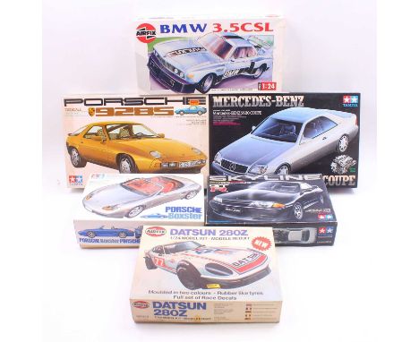 Six boxed Tamiya and Airfix mixed scale racing car and saloon plastic kits to include a Porsche Boxter, a Datsun 280Z, Merced