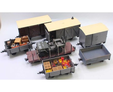 Seven mainly hand-built G gauge 45mm wagons, to include a guards van, three open wagons, a bogie plastic flatbed wagon with J