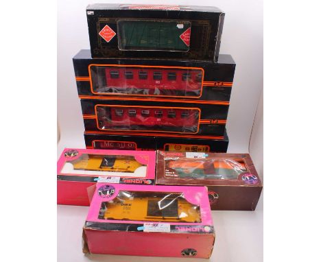Eight plastic G gauge wagons by various manufacturers, mostly Lionel, to include two bogie coaches, German outline, a railroa