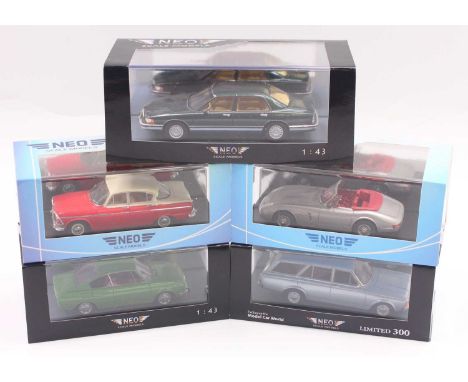 One tray containing five Neo 1/43 scale diecast cars to include; a Skoda 110 R coupe in green, a Buick Park Avenue in green, 