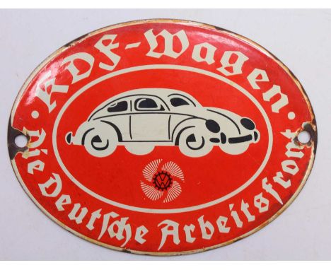 Original Enamel on metal advertising sign for German Volkswagen Beetle, red and cream example with VW Beetle image to centre
