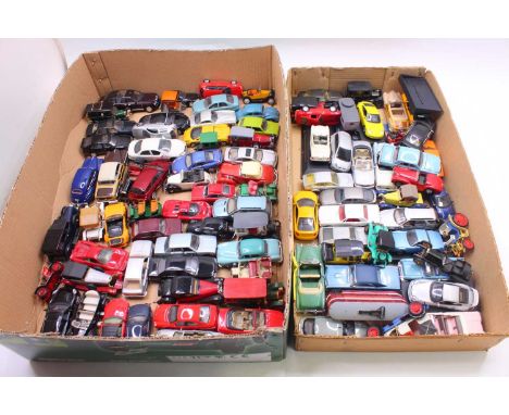 Two trays of various loose 1/43 scale modern issue diecast cars to include a Franklin Mint Buick, a Minichamps Bentley State 