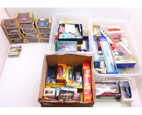 4 boxes containing loose and boxed modern issue diecast and others to include; Solido Mercedes 190, Burago Range Rover, Audi 