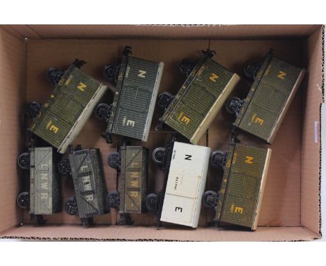 Nine Bassett-Lowke/Leeds Model Co./Bing tinplate wagons, pre-war: 6 x NE 12 ton vans; 3 x LNWR open/coal; one Bakelite NE ref