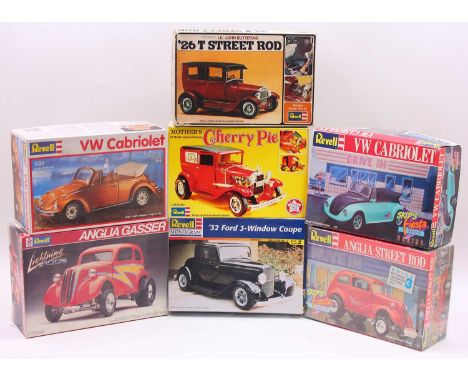 A collection of seven boxed Revell 1/25 scale plastic Hot Rod and Coupe car kits to include No. 7219 VW Cabriolet, No. 7150 A
