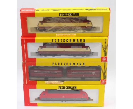 Four Fleischmann HO gauge locos to include a BR 101 class, in DB maroon, a 2-car BR 998 class railcar, in DB maroon, and two 