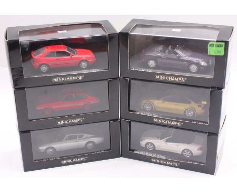 Minichamps 1/43 scale group of 6 diecast cars to include a BMW M3 GTR in gold, a Mercedes Benz SLK in cream, a Ford OSI 20M i